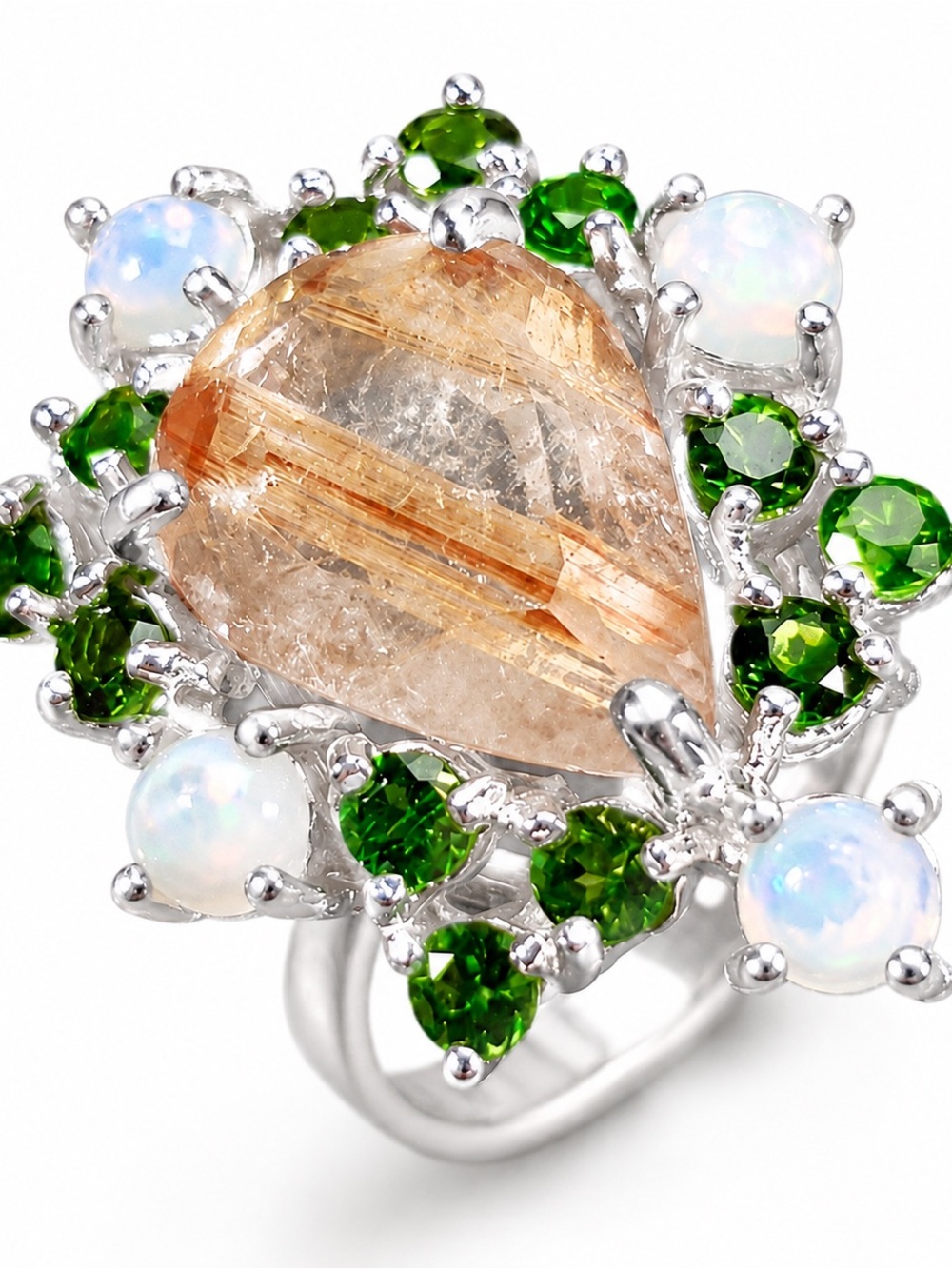 Natural Rutilated Quartz & Chrome Dioxide Ring 925 Sterling Silver Sz 8